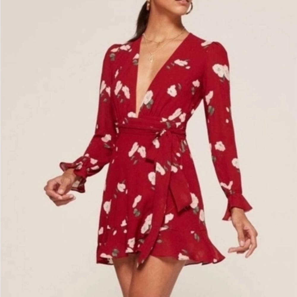 REFORMATION Whitby Red Floral Sleeved Wrap Dress XS